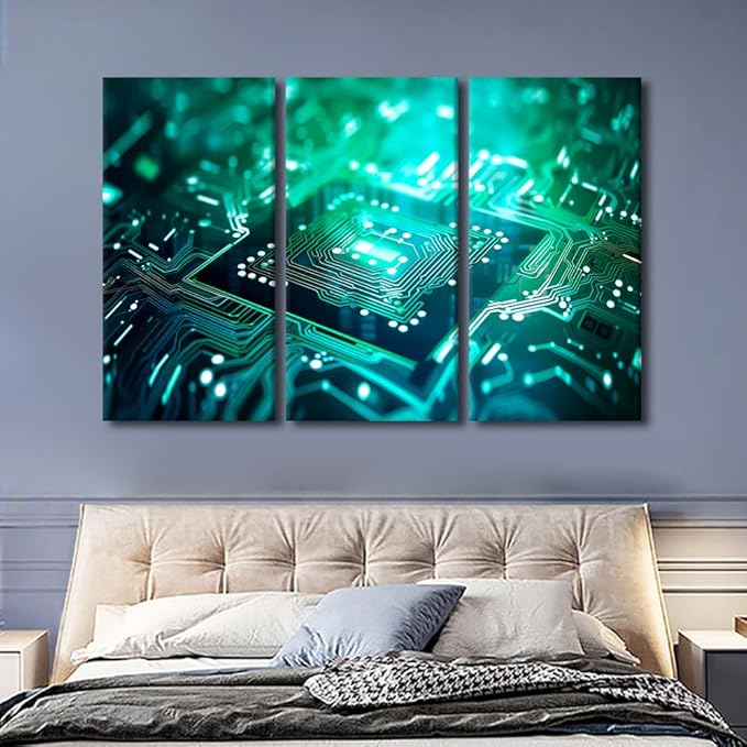TUMOVO Semiconductor Chip Wall Art Canvas Prints Wall Art Chip Wall Decor 3 Pieces Canvas Wall Art Circuit Board Painting Room Wall Decor Modern Artwork Stretched and Framed Ready to Hang, 60" Wx40 H
