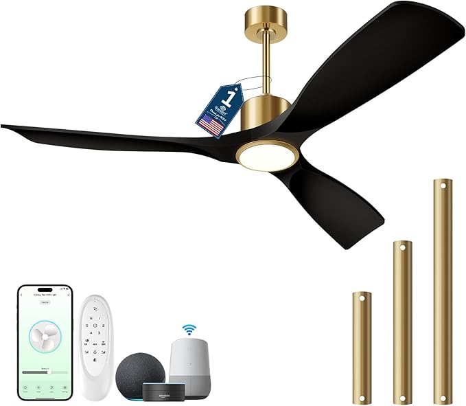 Ceiling Fan with Light and Remote Control, 52" Outdoor Ceiling Fan for Patios, Bedrooms & Living Rooms - Matte Black & Gold