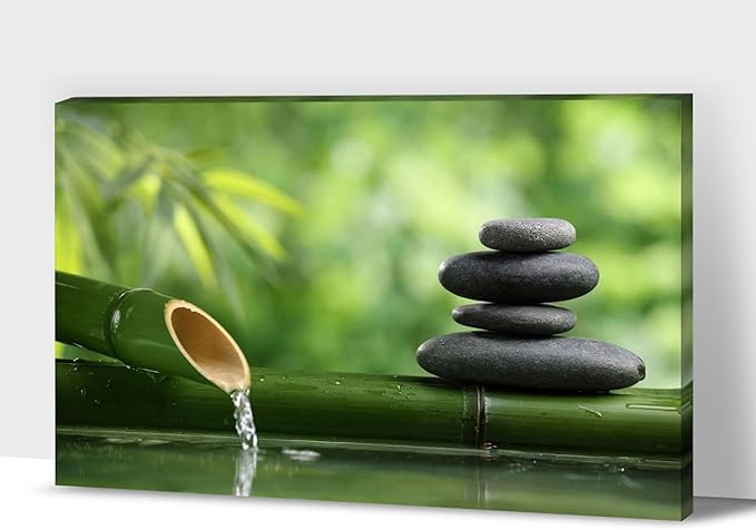 GUTTATY Zen Wall Art Decor, Modern Bathroom Zen Decor Wall Art, Canvas Wall Art for SPA Zen Room Decor, Green Bamboo and Pebble Relaxing Zen Art Prints for Office & SPA Wall Decor 18x24 Inches