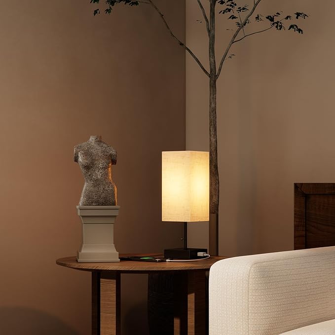 Table Lamp for Bedroom,Nightstand Lamp for Bedside with AC Outlets,Adjustable 3color LED Light Desk Lamp for Home Decor,Included Bulb and Lamp Shade (Linen White-onlyAC, 1PCS)