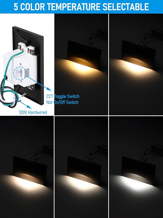LEONLITE Black 5CCT 120V LED Step Lights, 150LM 5%-100% Dimmable Stair Lights Indoor Outdoor IP65 Waterproof, Aluminum Anti-Glare Shell, CRI90 ETL 2700K/3000K/3500K/4000K/5000K, Pack of 6