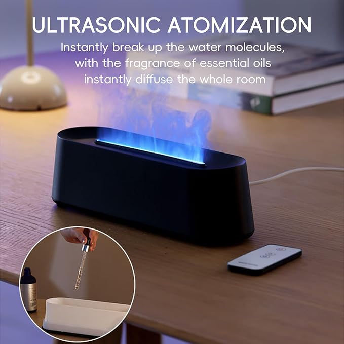 Essential Oil Diffuser, Fireplace Flame Fire Oil Diffuser, 250ml Cool Mist Aromatherapy Humidifier, Scent Diffuser with 7 Colors Light, Remote Control, Timer & Auto-Off for Home, Room (White)