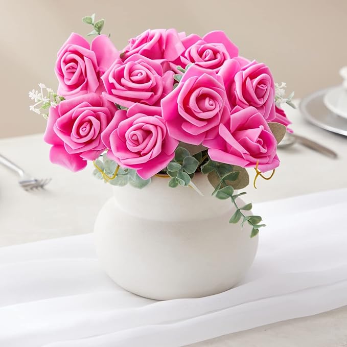Juvale Artificial Roses - 3 in Heads, 100-Pack, Hot Pink - Faux Flowers for Vase & Wedding Decor - Centerpiece Table Decorations & Bridal Bouquet