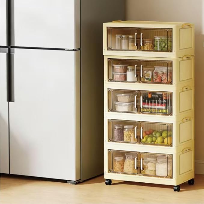 5 Tier Stackable Plastic Storage Bins with Lids Stackable Containers with Wheels and Magnetic Doors Wheels StackableStorage Bins for Living Room,Office,Dorm