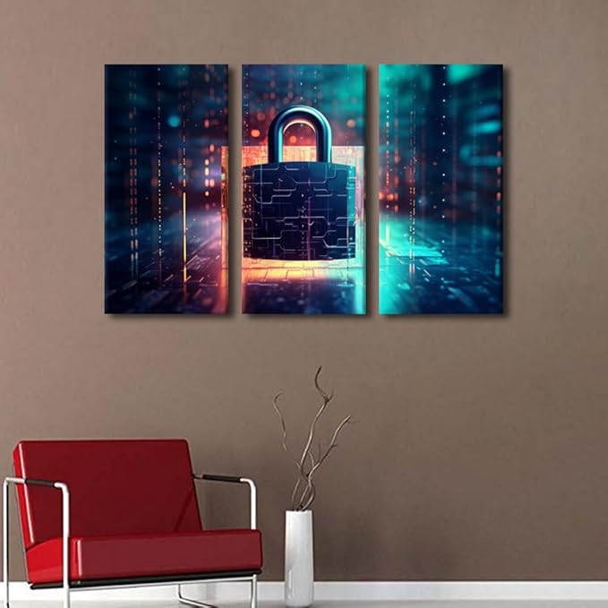 Modern Wall Art Multi Panel Cyber Security and Data Protection Concept Picture Posters for Home Office Wall Decoration, Wooden Framed Gallery-Wrapped Ready to Hang, 36" Wx24 H