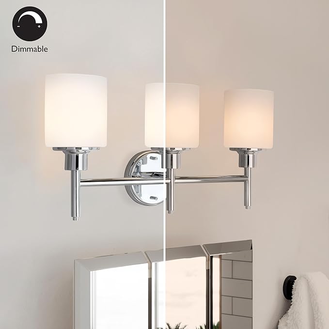 Design House Aubrey Transitional 3-Light Indoor Bathroom Vanity Light – Above The Mirror, Dimmable, Damp Listed – Frosted Glass and Polished Chrome – Design House, 589770