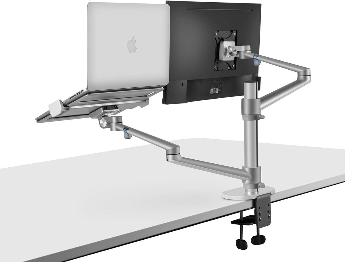 AEONS Premium Monitor Laptop Mount & Under Desk Cable Management Tray Wire Cord Organizer & Desk Clamp Mount PDU, No Drill Computer Computer Cord Raceway and Modesty Panel, Silver & Black