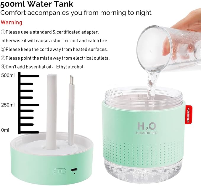 Green Portable Mini Humidifier, 500ml Small Cool Mist USB Desktop Humidifier for Baby Bedroom, Travel, Office, Home - Auto Shut-Off, 2 Mist Modes, Super Quiet