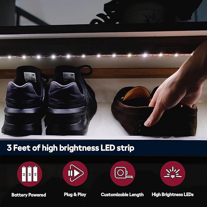 Battery Powered LED Strip Lights, 3 Pack 40 Inch Battery Operated LED Strip Lights for Shelves and Under Cabinet Indoor Use, Cordless LED Light Strips Warm White 2700K