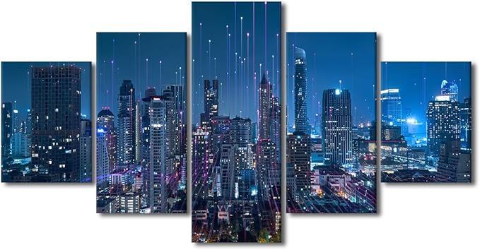 Native Americans Home Decoration 5 Panel Poster Printing Smart City And Digital Picture Futuristic Communication Printing Artwork Internet Companies Meeting Room Corridor Wall Art Decor 60x32 Inch