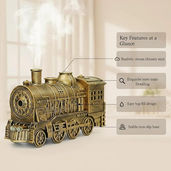 Train Humidifier with Essential Oil Diffuser - 300ML Large Capacity Ultrasonic Dual Mist Output, 4Color LED Night Light with Remote Control, Auto-Off, Ultra Quiet for Bedroom Office Desk (Copper)
