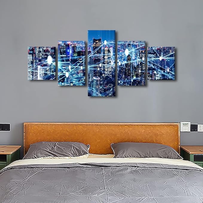 Wall Art Particle Glowing Light Picture 5 Panel Smart City Poster Native Americans Lliving Room Bedroom Decoration Internet Companies Canvas Art Decor Frame and Stretched Ready to Hang 50x24 Inch