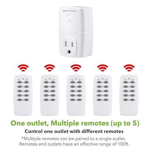 BN-LINK Mini Wireless Remote Control Outlet Switch Power Plug in for Household Appliances, Wireless Remote Light Switch, LED Light Bulbs, White (2 Remotes + 5 Outlets) 1250W/10A