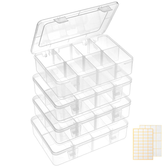 QUEFE 4 Pack 8 Grids Bead Organizers and Storage Tackle Box Organizer Plastic Organizer Box with Removable Dividers or Candies Snacks Electronics Jewelry Small Parts