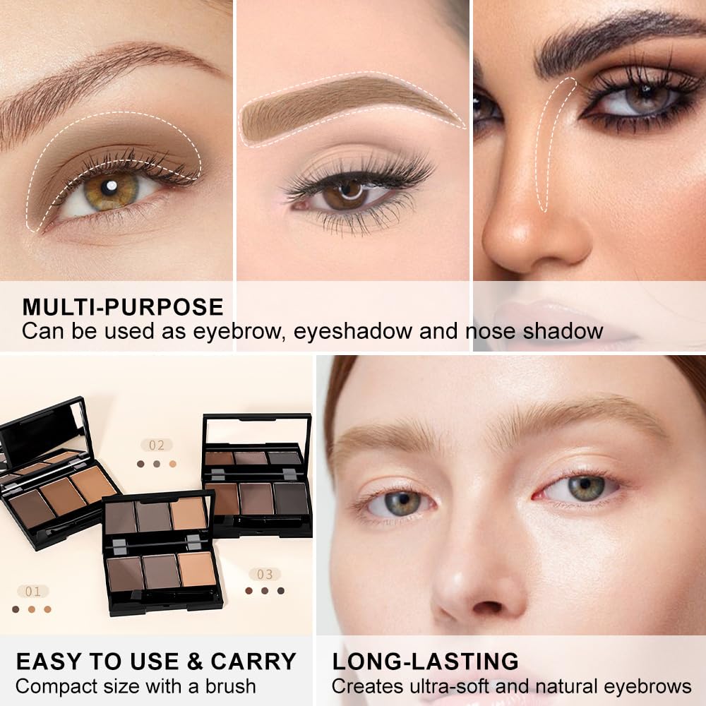 Brow Powder Kit – Long-Lasting 3-Color Brow Filler for Full, Defined Natural Brows, Contour Palette with Double-Ended Brush, sombra para cejas (02)