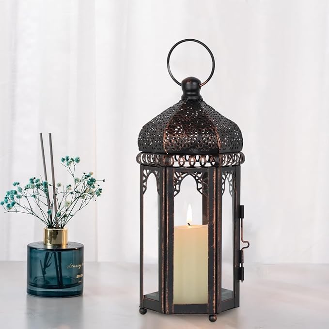 DECORKEY Vintage Medium Size Lantern Decorative Indoor & Outdoor, Moroccan Hanging Lantern with Clear Glass, Metal Tabletop Candle Lanterns for Front Porch Patio Decor, Christmas Decorations