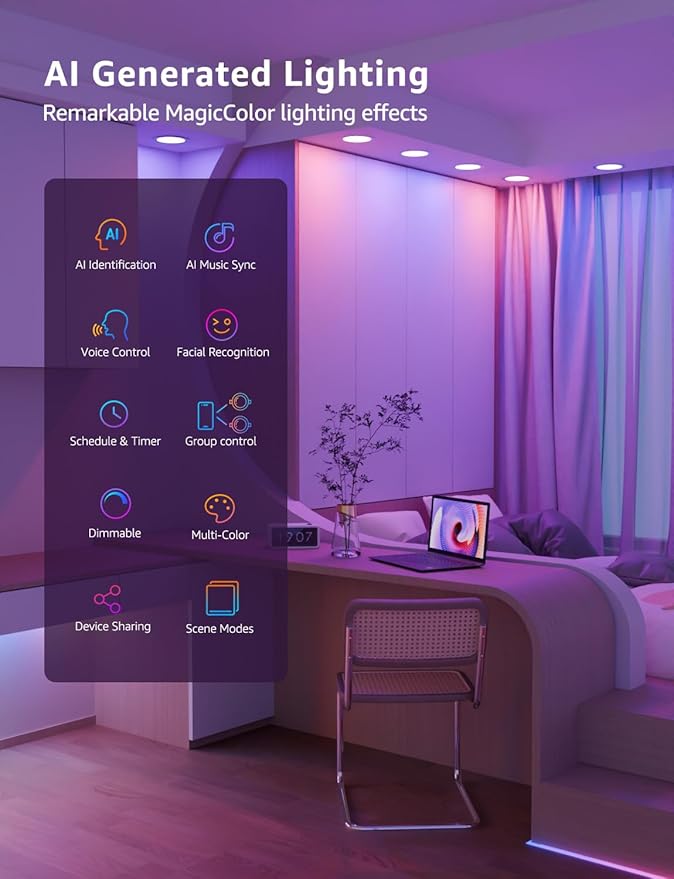 Lepro Bundle - R2 AI Smart LED Canless Light 6 Inch with Mood Recognition Music Sync, Group Control, 12W,1050 Lumen + 6 Pack 6 Inch LED Recessed Ceiling Light with Junction Box, 5000K Daylight