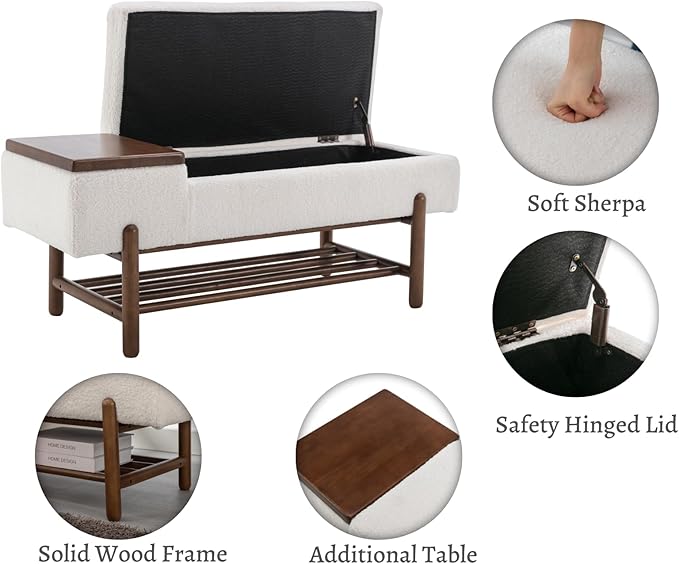 EALSON Modern Storage Bench for Bedroom End of Bed Sherpa Upholstered Ottoman Bench with Storage and Wood Shoe Rack Farmhouse Long Seating Bench for Entryway/Hallway/Closet, Beige