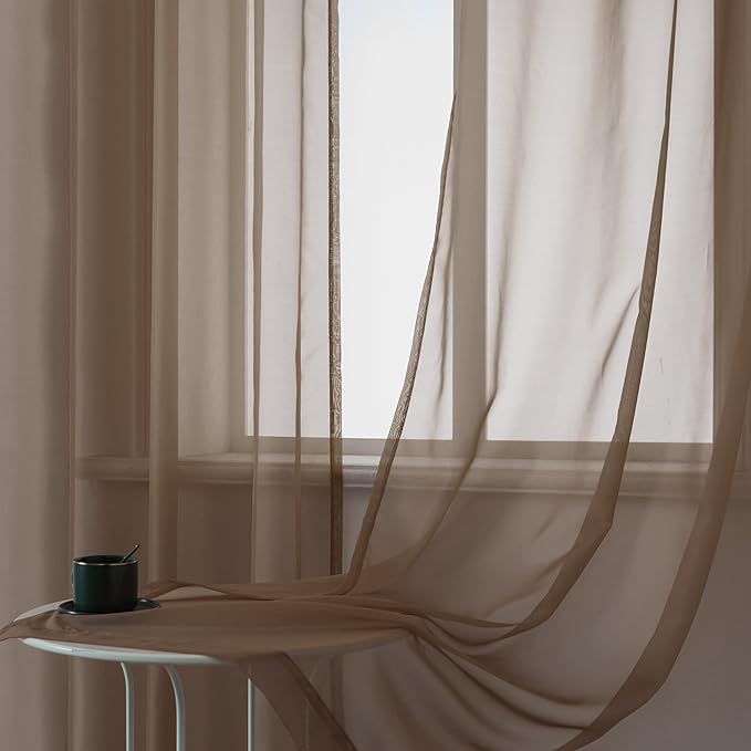DUALIFE 2 Panels Chocolate Brown Semi Sheer Window Curtains Elegant Grommet Top Window Voile Drapes/Treatment Panels for Bedroom Living Room (52X96 Inches)