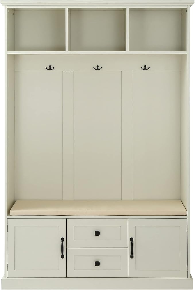 RUNNA Wooden 3-in-1 Hall Tree with 2 Cabinet and 2 Drawers,3 Open Shelves and 3 Hooks,Coat Hanger and Storage Bench,for Livingroom Hallway Entryway Use (Beige@Hanger)