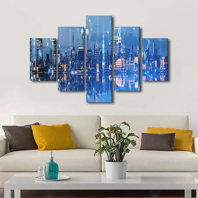Wall Art for Home New York Cityscape Student Bedroom Canvas Decor 5 Panel Urban Skyline Poster Modern Advanced Smart City Picture Communication Network Canvas Art Stretched Ready to Hang 60x40 Inch