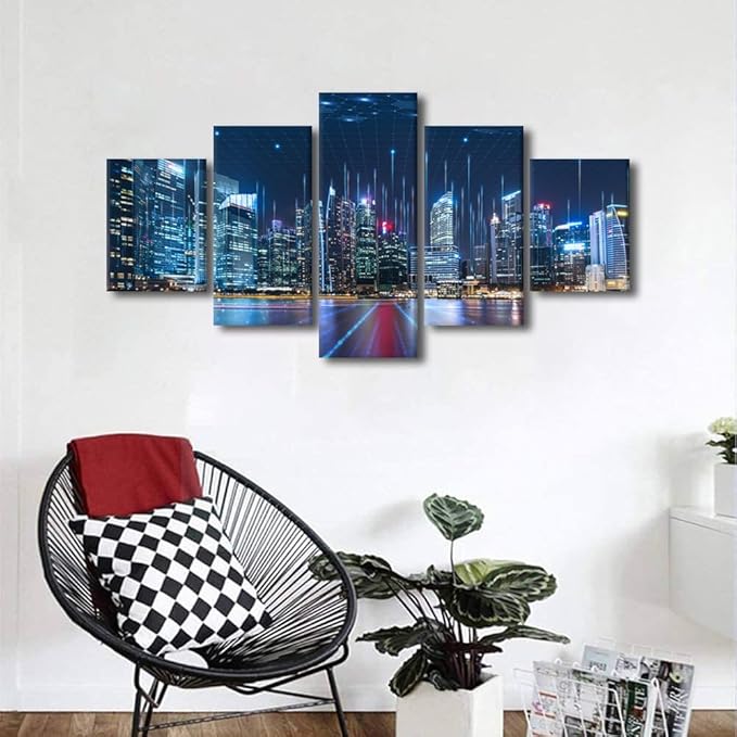 Canvas Wall Art for Office Communication Company Wall Decor Modern Smart City Poster Telecommunication and Communication Picture Printing Native Americans Home Decoration 5 Panel Poster 60x32 Inch
