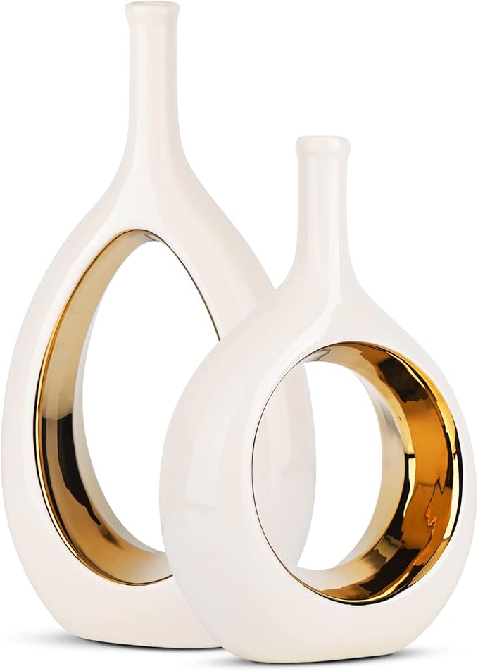 White and Gold Vase Ceramic White Vases Home Decor,Modern Minimalist Circle with Hole Decorative Vase, Hollow Ellipse Flower vases for Bookshelf, Fireplace Mantle, Centerpieces,Farmhouse,Rustic Décor