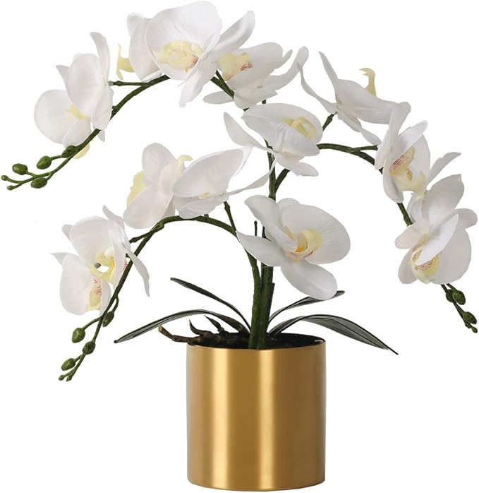 LESING Potted Artificial Orchid Flowers,Real Touch White Fake Artificial Orchid Flower in Gold Vase Arrangement for Table Living Room Decoration (White,Gold Vase)