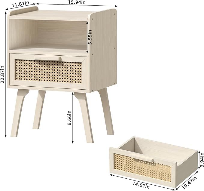 Lerliuo Rattan Nightstands Set of 2, Side Table with Drawer Open Shelf, Cane Accent Bedside End Table, Mid Century Modern Night Stand for Bedroom, Dorm and Small Spaces (Grey White)
