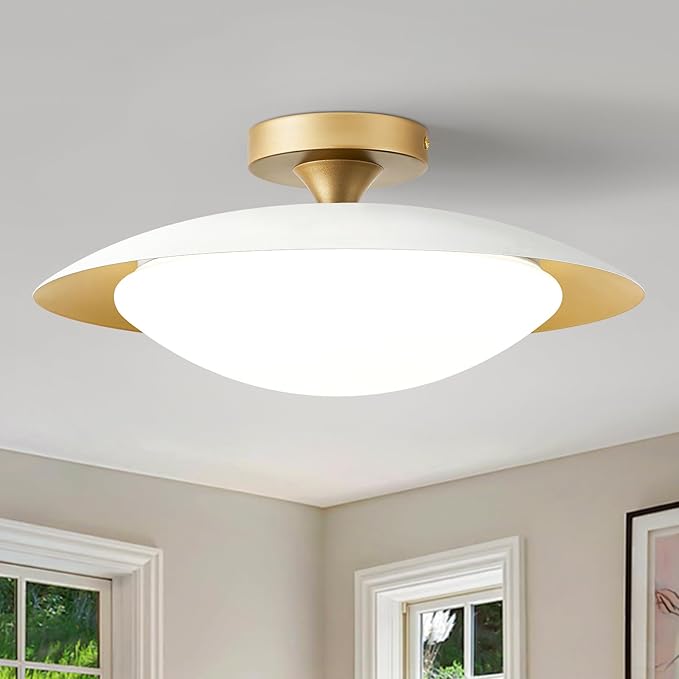 Dimmable Mid Century Modern Ceiling Light,5CCT LED White and Gold Semi Flush Mount Ceiling Lighting, for Kitchen Bedroom Hallway Bathroom 2700K-6000K 15.75 in
