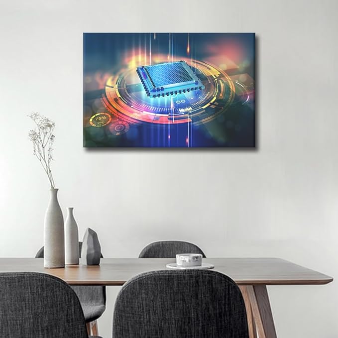 TUMOVO 1 Panel Wall Art CPU Concept Painting Print On Canvas AI Pictures for Bedroom Home Decor Futuristic CPU Internet Modern Artwork Paintings Stretched By Wooden Frame Ready to Hang, 36x24in