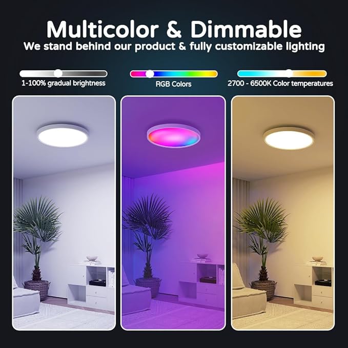 Smart Ceiling Light 30W, 12IN RGBWW LED Panel Light with App & Remote Control, 16M Colors & White (2700K-6500K), Music Sync, Works with Alexa & Google Assistant, for Bedroom, Kitchen, Living Room