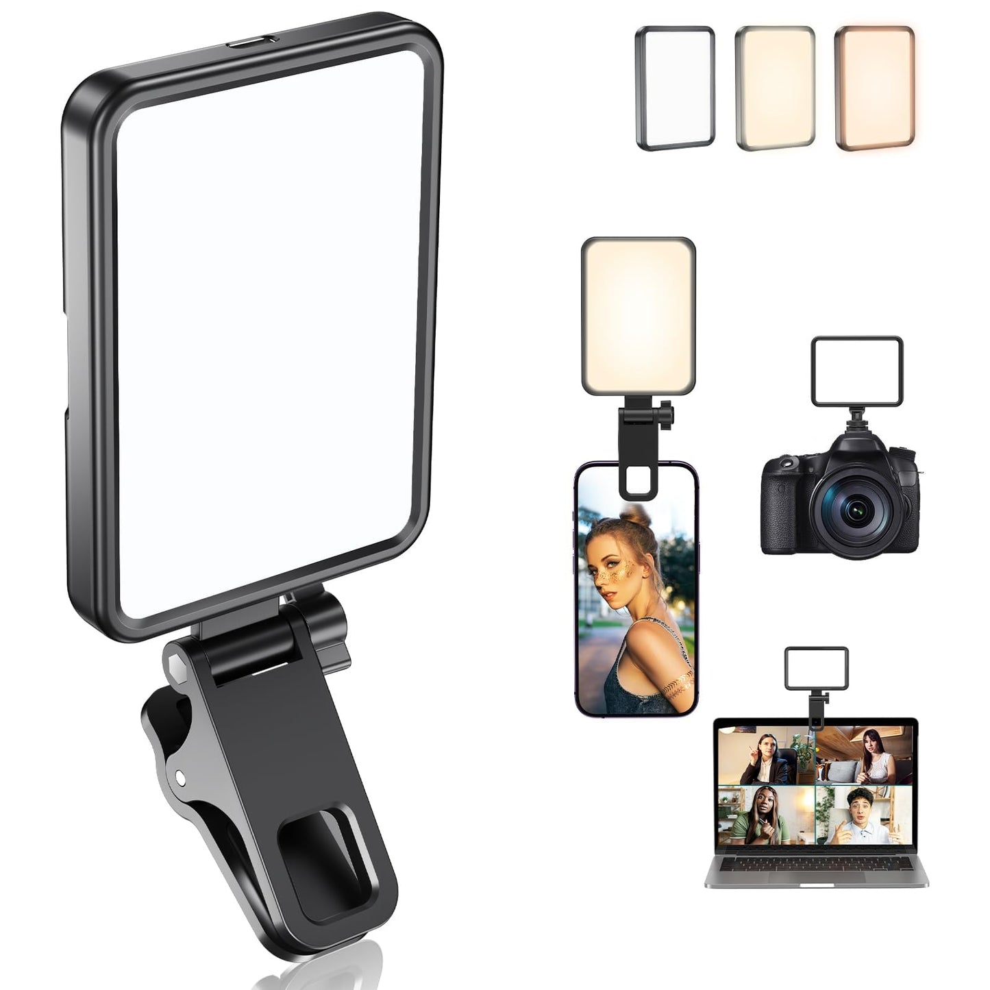 Datarm Rechargeable Soft Selfie Light for Phone, Camera, Laptop, 4-14H Battery Portable LED Light for Pictures, Phone Light Clip for Selfie, Vlog, TikTok, Makeup, Video Conference Black