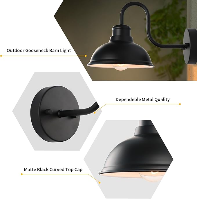 Outdoor Gooseneck Barn Light Outdoor Wall Sconce 8 Inch Farmhouse Exterior Wall Mount Light Vintage Fixture Industrial Matte Black Lantern for Porch, Entryway, Patio（2 Pack）