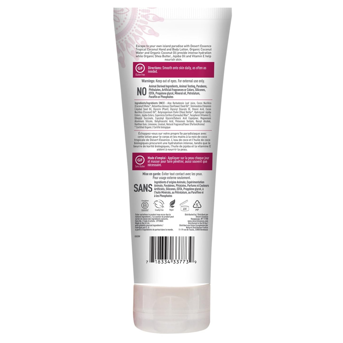 Desert Essence, Tropical Coconut Hand & Body Lotion 8 fl. oz. - Gluten Free - Vegan - Cruelty Free - Coconut Oil, Jojoba Oil & Vitamin E - Intense Hydration - Tropical Coconut Scent