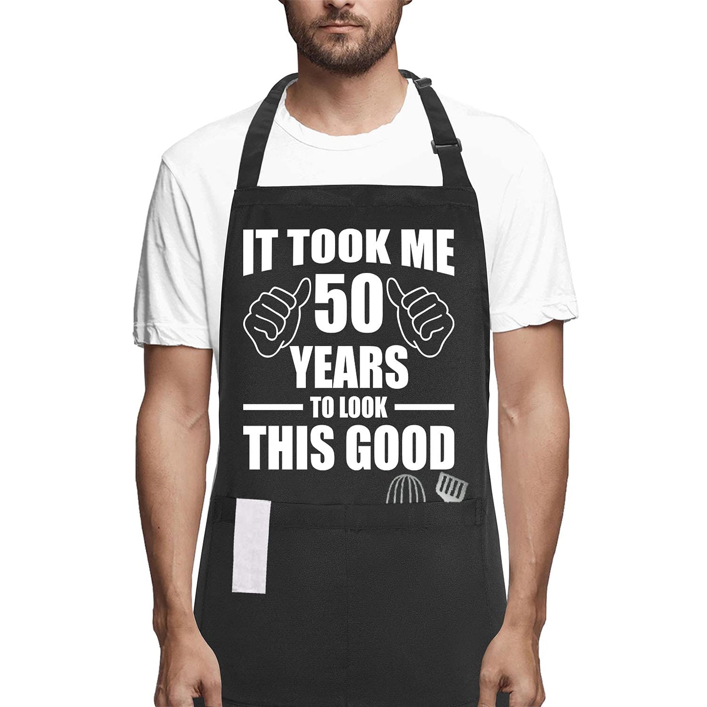 POTALKFREE 50th Birthday Gifts for Women Men, Funny Chef Aprons with Pockets, Kitchen Cooking Grilling Apron for Grandma Grandpa Dad Mom, Grill Decorations for Christmas Thanksgiving