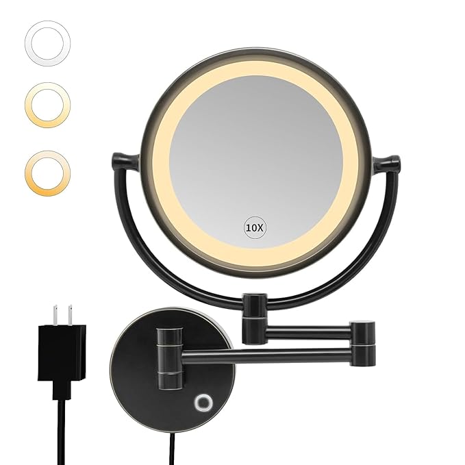 GURUN 8.5 Inch Magnifying Makeup Mirror with 3 Dimmable LED Lights Double Sided Touch Control Vanity Mirror for Bathroom with 10X Magnification Black Finish M1809D(Black/10X)
