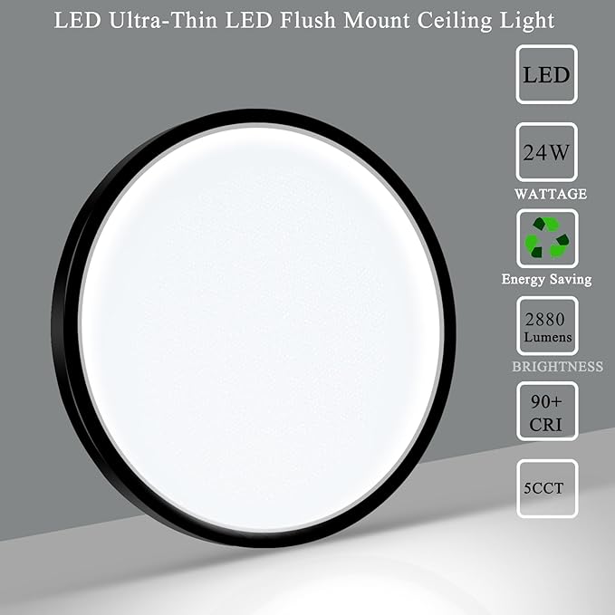 LED Flush Mount Ceiling Light Fixture, 24W 12Inch 2880LM Low Profile Black Ceiling Light for Bedroom, Living Room, Dining Room, Pack of 2