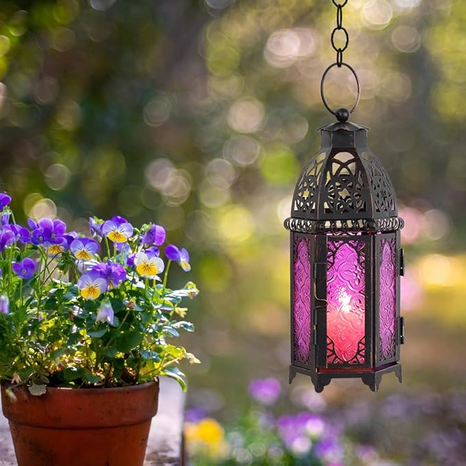 DECORKEY Halloween Lanterns Decorations Indoor & Outdoor, 11’’ Medium Size Vintage Metal Hanging&Tabletop Candle Holder Decor, Christmas Ramadan Decorations for Home Porch Patio (Purple)