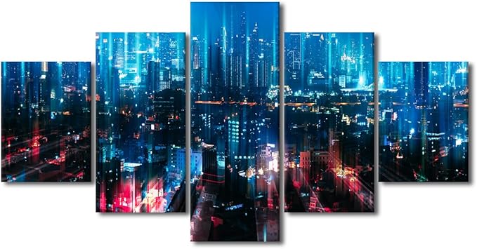 Wall Art for Living Room 5 Panel Home Decoration Smart City Landscape Poster Particle Glowing Light Picture Big Data Worker Bedroom and Corridor Decorate Frame and Stretched Ready to Hang 60x32 Inch