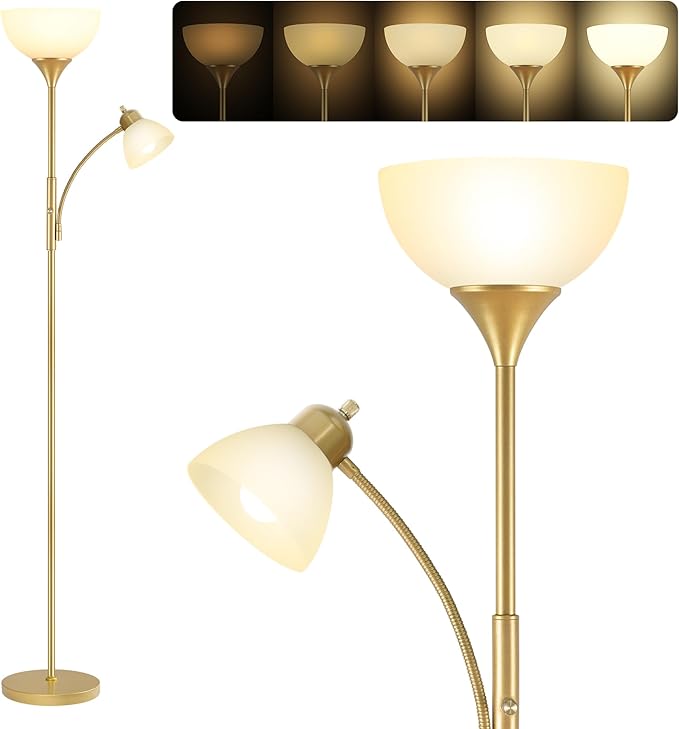 Floor Lamp, Standing lamp, Stepless Dimming Brightness, Included 9W and 5W LED Bulbs, Lamp for Living Room, Bedroom, Office, Reading