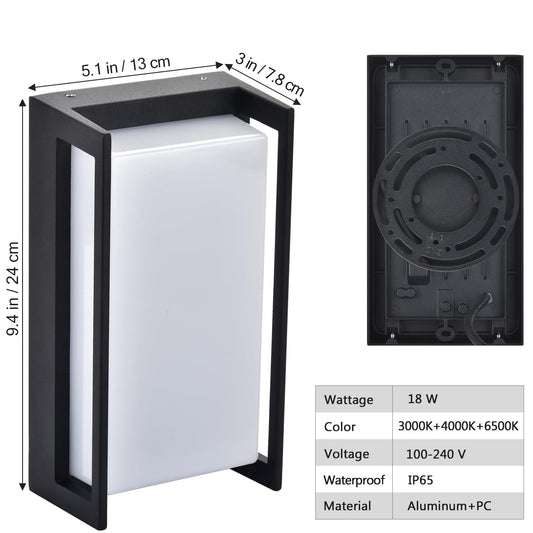wowlite Outside Lights for House LED, 18W Modern Front Porch Light 3000K 4000K 6500K 3 Colors Changeable, Aluminum Outdoor Light Fixture, Exterior Sconce for Garage Garden Patio