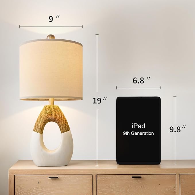 OYEARS 19” Boho Table Lamps Bedroom Living Room,Suitable for Small Space,Farmhouse Rattan Lamp Rustic Egg Design Resin Nightstand Bedside Lamps for Bedroom Living Room Office Study Rest Decor