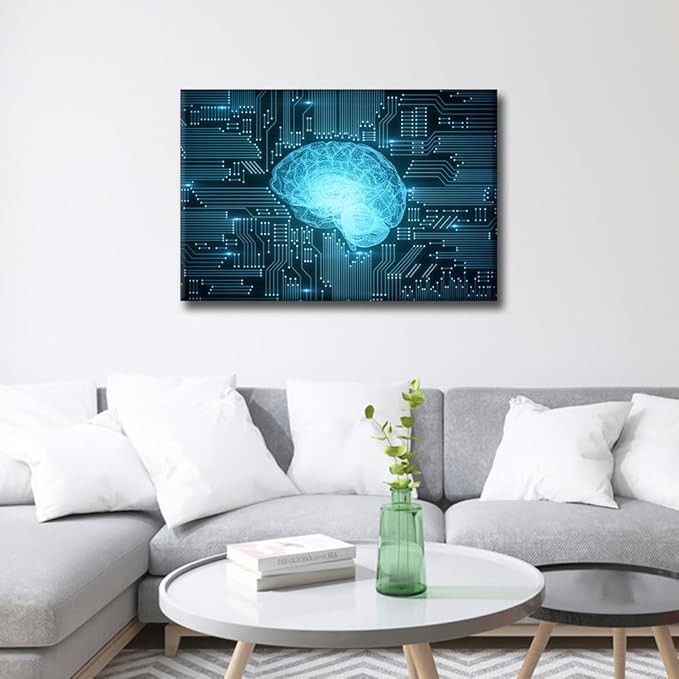 TUMOVO Abstract Design Wall Art for Bedroom Artificial Intelligence Brain Canvas Art Wall Decor Digital Technology Modern Wall Art Pictures for Living Room Giclee Framed Ready to Hang, 36x24in