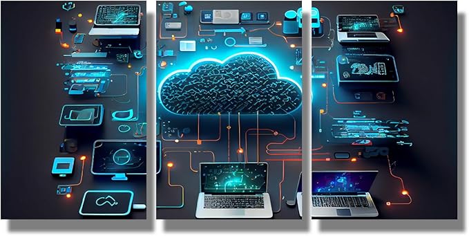 LSIUHWUWI Modern Wall Art for Living Room Cloud Technology Computing Smart Home Communication Laptop Pictures for Home Wall Decoration,Print On Canvas Wooden Framed Ready to Hang, 16x24inchx3