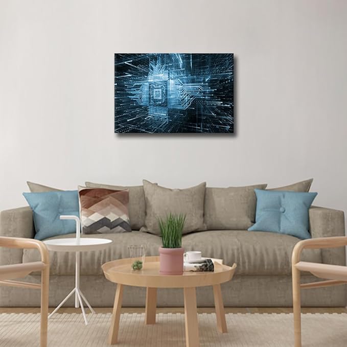 TUMOVO 1 Panel Canvas Prints Virtual Space Wall Art AI Modern Home Decor CPU Symbol Poster Digital Age Living Room Bedroom Decoration Artwork Painting Framed Ready to Hang, 18x12in