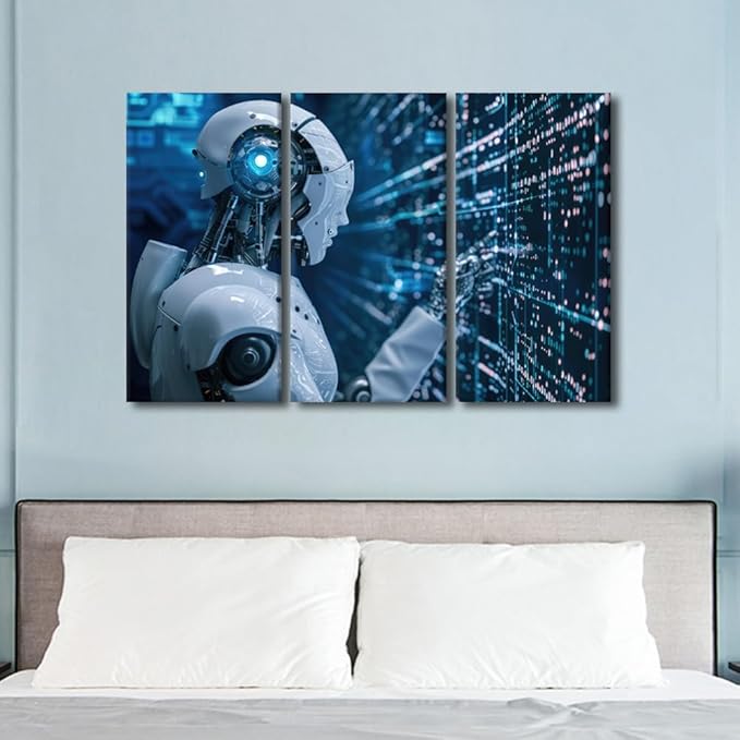 Wall Decorations for Living Room - Big Data Analysis Wall Art Canvas Print Robot Paintings AI Intelligence Art Prints 3 Piece Framed Wall Art Home Office Decor Modern Artwork Ready to Hang, 42"Wx28"H
