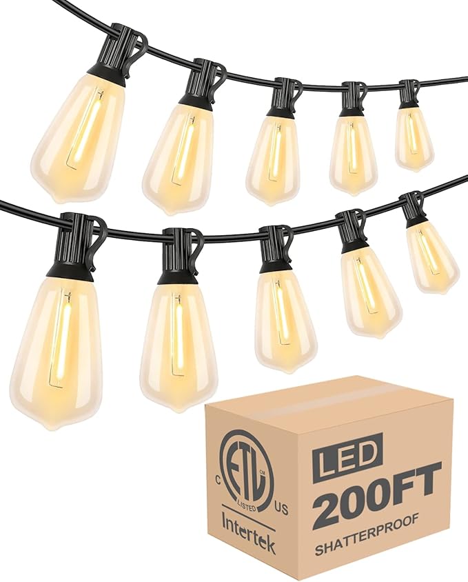 Lightdot 200FT Outdoor String Lights, LED Bistro String Lights with Shatterproof S14 Vintage Bulbs, 2700K Dimmable, Waterproof Hanging Lights for Porch, Deck, Garden, Backyard, Balcony