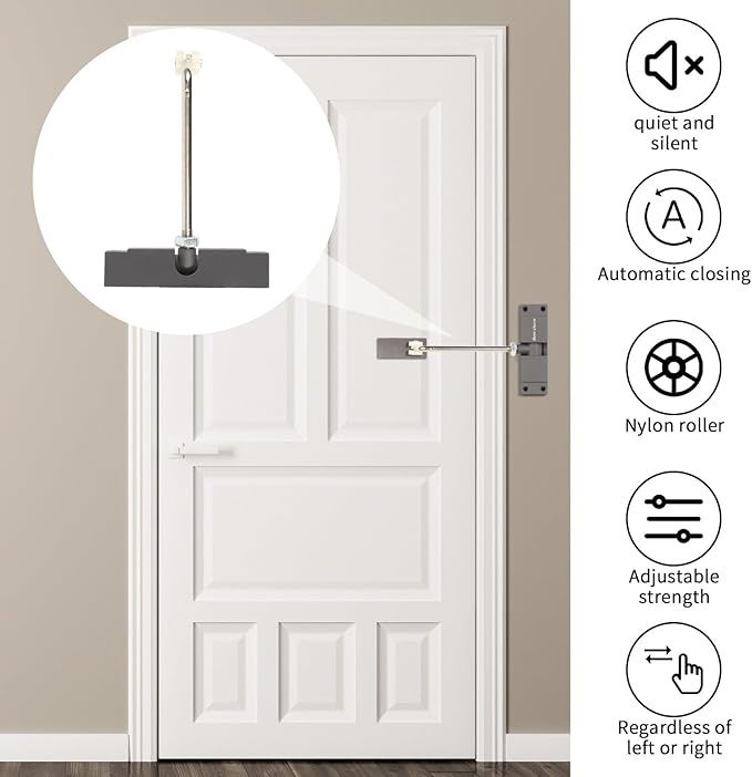 Automatic Door Closer, Safety Spring Door Closer Adjustable Self Closing Door Hinge Zinc Alloy Door Closers for Home, Up to 150Lb can be Pushed (Gray)