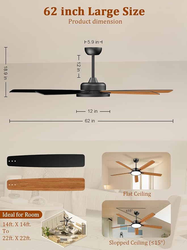 TALOYA Large Ceiling Fans with Lights and Remote, Reversible Quiet DC Motor, 6 Speeds, 3CCT, Dimmable, 62 inch Black Modern Ceiling Fan for Patios, Living room, Bedroom, Farmhouse, Indoor, Outdoor